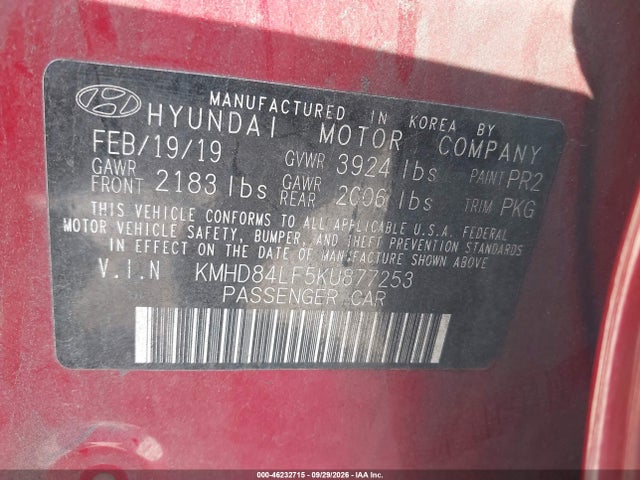 2019 Hyundai Elantra Value Edition მანქანა იყიდება აუქციონზე, vin: KMHD84LF5KU877253, აუქციონის ნომერი: 46232715