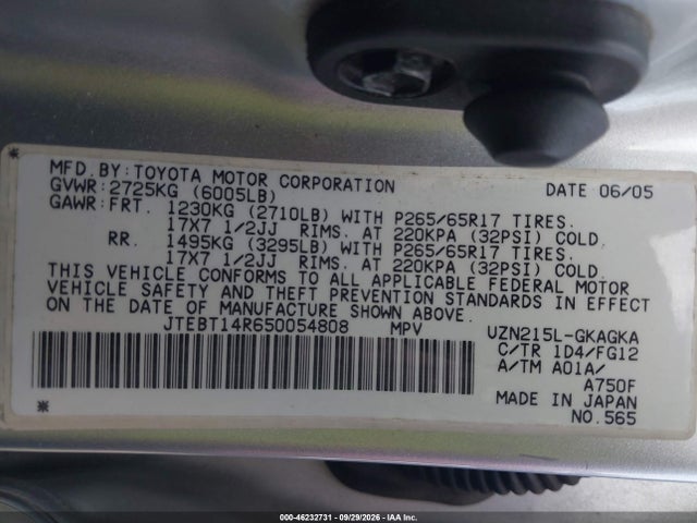 46232731 :رقم المزاد ، JTEBT14R650054808 vin ، 2005 Toyota 4runner Sr5 V8 مزاد بيع