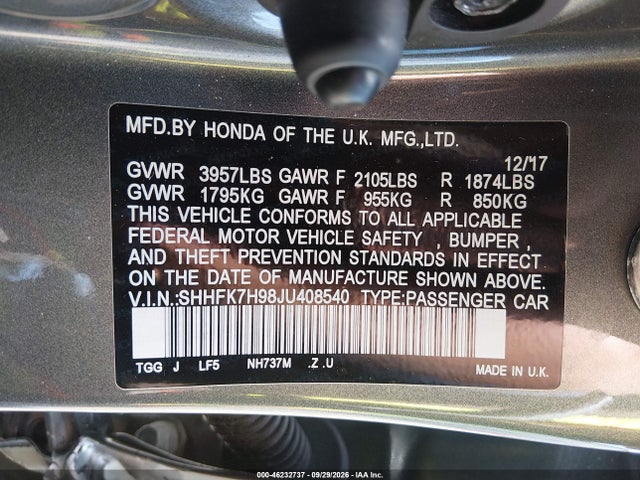 Продажа на аукционе авто 2018 Honda Civic Sport Touring, vin: SHHFK7H98JU408540, номер лота: 46232737