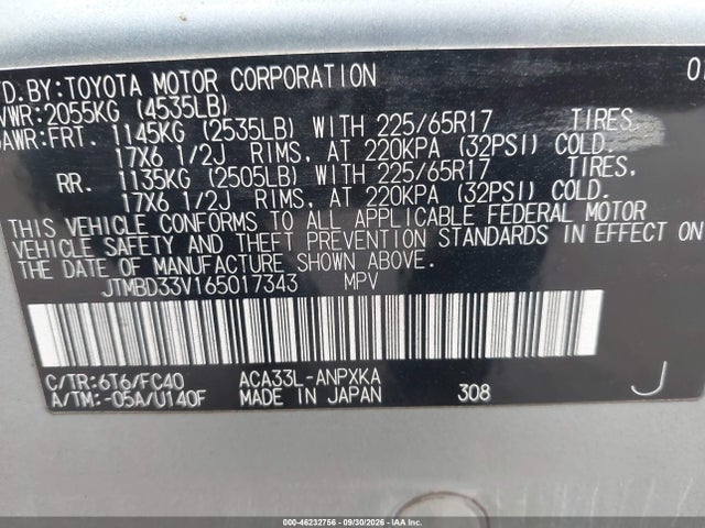 Aukcja sprzedaży 2006 Toyota Rav4, vin: JTMBD33V165017343, numer aukcji: 46232756