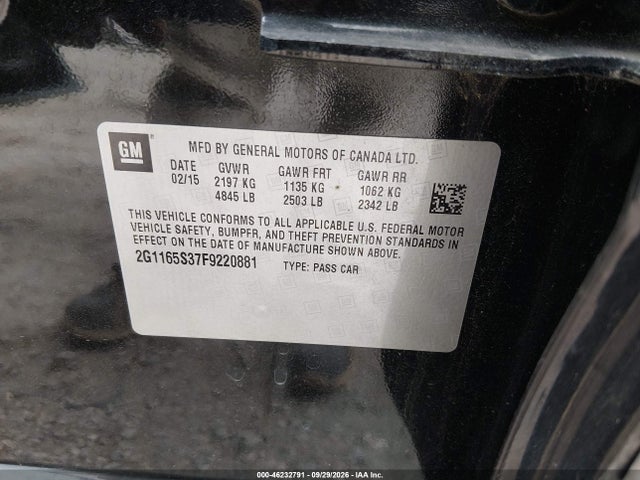 Aukcja sprzedaży 2015 Chevrolet Impala 2lz, vin: 2G1165S37F9220881, numer aukcji: 46232791