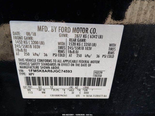 Продажа на аукционе авто 2018 Ford Police Interceptor Utility, vin: 1FM5K8AR6JGC74593, номер лота: 46232801