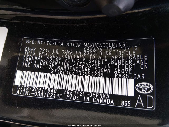 Aukcja sprzedaży 2013 Toyota Corolla Le, vin: 2T1BU4EE1DC961839, numer aukcji: 46232802