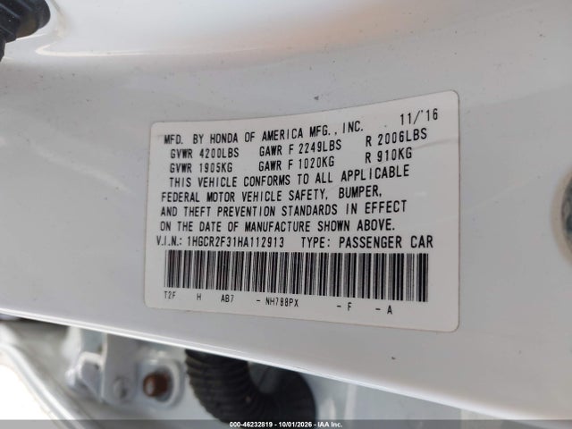 2017 Honda Accord Lx მანქანა იყიდება აუქციონზე, vin: 1HGCR2F31HA112913, აუქციონის ნომერი: 46232819