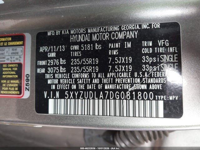 46232836 :رقم المزاد ، 5XYZUDLA7DG081800 vin ، 2013 Hyundai Santa Fe Sport 2.0t مزاد بيع
