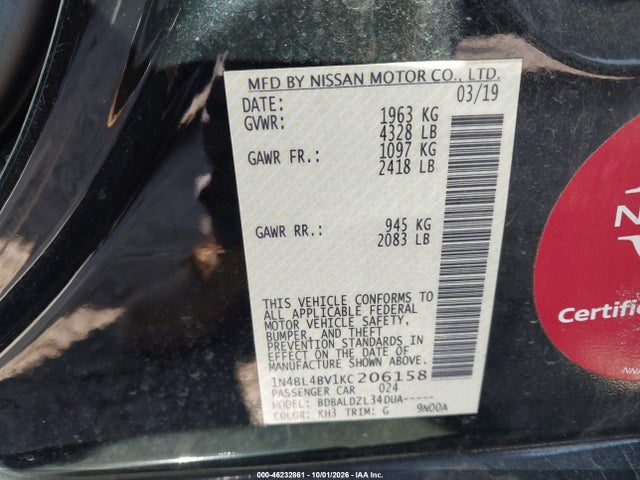 2019 Nissan Altima 2.5 S მანქანა იყიდება აუქციონზე, vin: 1N4BL4BV1KC206158, აუქციონის ნომერი: 46232861