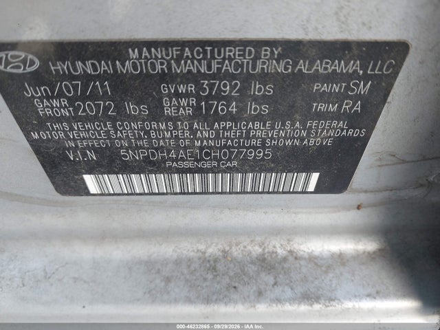 Auction sale of the 2012 Hyundai Elantra Gls, vin: 5NPDH4AE1CH077995, lot number: 46232865