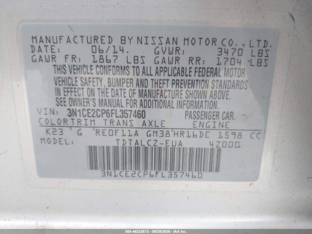 Продажа на аукционе авто 2015 Nissan Versa Note S Plus, vin: 3N1CE2CP6FL357460, номер лота: 46232873