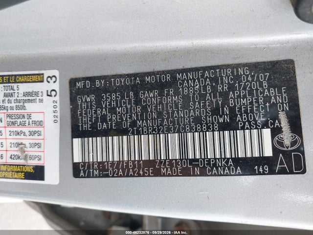 Продаж на аукціоні авто 2007 Toyota Corolla Le, vin: 2T1BR32E37C838838, номер лоту: 46232876