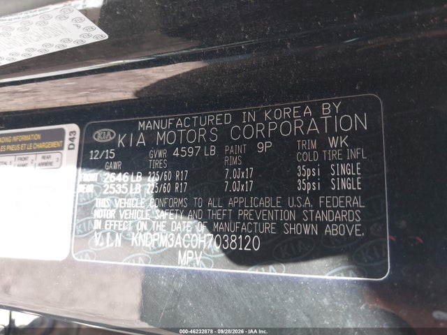 46232878 :رقم المزاد ، KNDPM3AC0H7038120 vin ، 2017 Kia Sportage Lx مزاد بيع