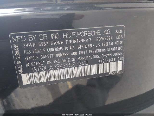 Aukcja sprzedaży 2000 Porsche 911 Carrera/carrera 4, vin: WP0CA2992YS653419, numer aukcji: 46232889
