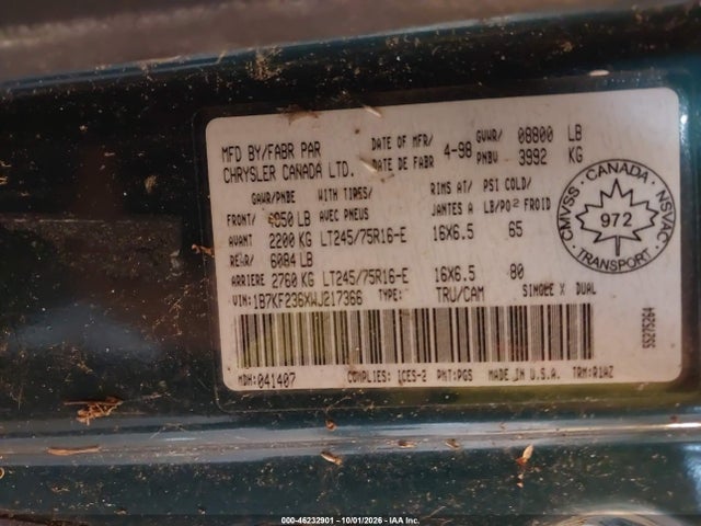 Продажа на аукционе авто 1998 Dodge Ram 2500 St, vin: 1B7KF236XWJ217366, номер лота: 46232901