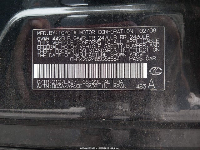 Aukcja sprzedaży 2008 Lexus Is 250, vin: JTHBK262485068564, numer aukcji: 46232922