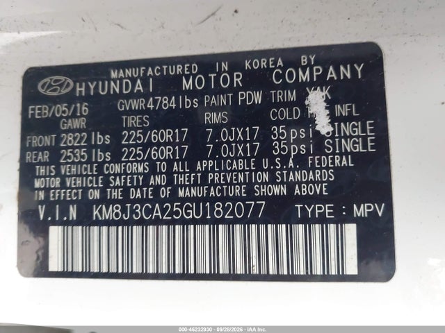 Продажа на аукционе авто 2016 Hyundai Tucson Eco, vin: KM8J3CA25GU182077, номер лота: 46232930