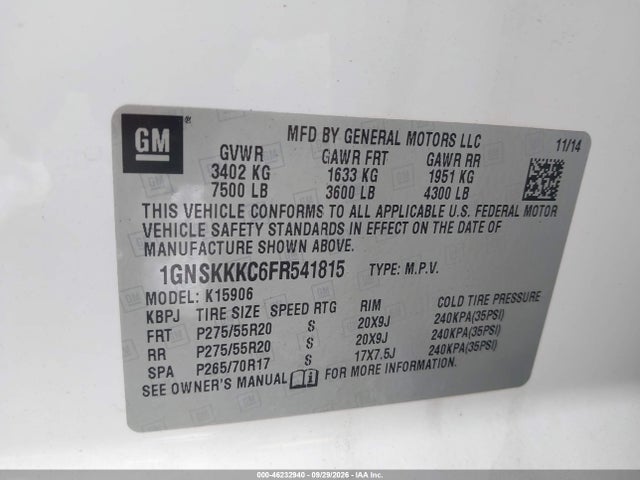 2015 Chevrolet Suburban 1500 Ltz მანქანა იყიდება აუქციონზე, vin: 1GNSKKKC6FR541815, აუქციონის ნომერი: 46232940
