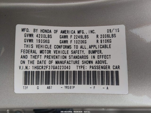 Aukcja sprzedaży 2016 Honda Accord Lx, vin: 1HGCR2F37GA023040, numer aukcji: 46232956
