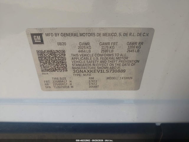 46232982 :رقم المزاد ، 3GNAXKEV1LS730889 vin ، 2020 Chevrolet Equinox Fwd Lt 1.5l Turbo مزاد بيع