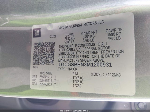 Aukcja sprzedaży 2021 Chevrolet Colorado 2wd  Short Box Wt, vin: 1GCGSBEN3M1200931, numer aukcji: 46232983