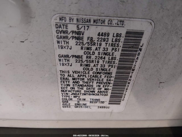 46232999 :رقم المزاد ، JN8AT2MT6HW397030 vin ، 2017 Nissan Rogue Sl مزاد بيع