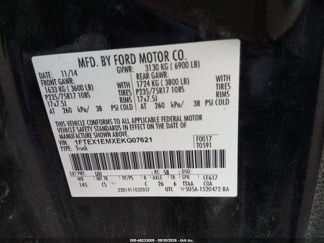 46233009 :رقم المزاد ، 1FTEX1EMXEKG07621 vin ، 2014 Ford F-150 Xl مزاد بيع