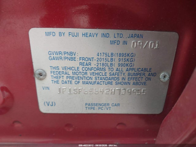 Aukcja sprzedaży 2002 Subaru Forester S, vin: JF1SF65642H739955, numer aukcji: 46233012