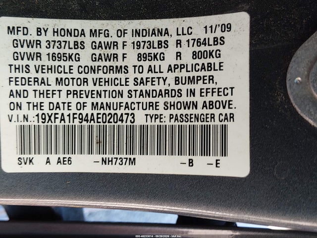 2010 Honda Civic Ex-l მანქანა იყიდება აუქციონზე, vin: 19XFA1F94AE020473, აუქციონის ნომერი: 46233014