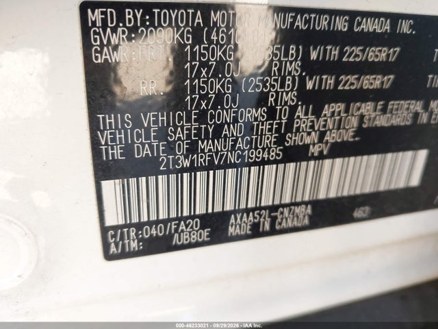 46233021 :رقم المزاد ، 2T3W1RFV7NC199485 vin ، 2022 Toyota Rav4 Xle مزاد بيع