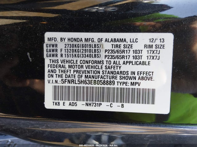 Продаж на аукціоні авто 2014 Honda Odyssey Ex-l, vin: 5FNRL5H63EB058889, номер лоту: 46233028