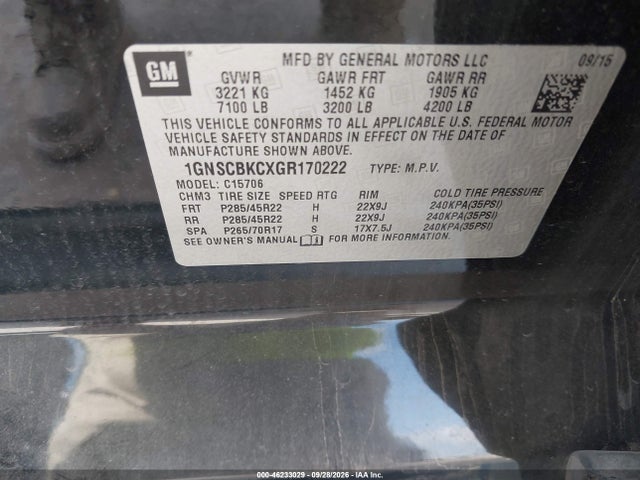 Aukcja sprzedaży 2016 Chevrolet Tahoe Lt, vin: 1GNSCBKCXGR170222, numer aukcji: 46233029