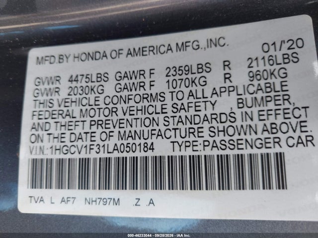 1HGCV1F31LA050184 Honda Accord Sport