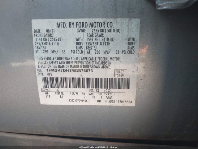 Продажа на аукционе авто 2021 Ford Explorer Xlt, vin: 1FMSK7DH1MGB76673, номер лота: 46233054