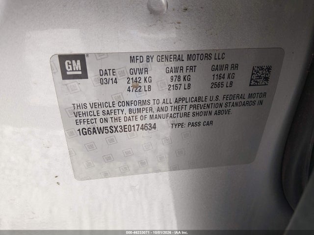 Продаж на аукціоні авто 2014 Cadillac Cts Standard, vin: 1G6AW5SX3E0174634, номер лоту: 46233071