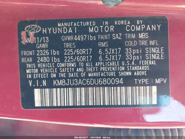 Продаж на аукціоні авто 2013 Hyundai Tucson Gls, vin: KM8JU3AC6DU680094, номер лоту: 46233077