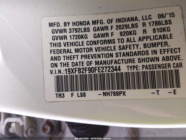Продажа на аукционе авто 2015 Honda Civic Ex-l, vin: 19XFB2F90FE272344, номер лота: 46233080
