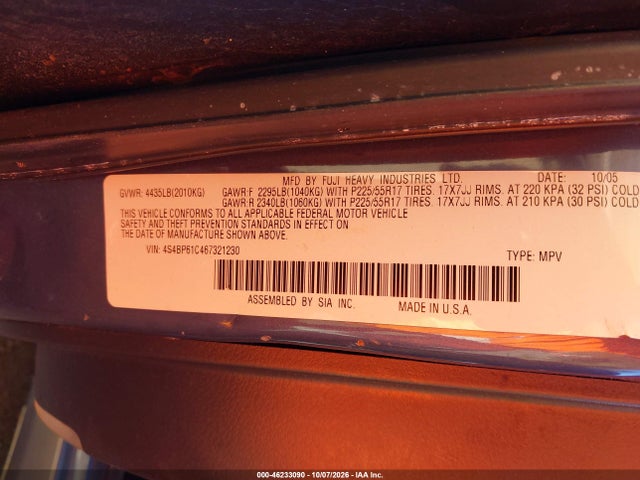 Auction sale of the 2006 Subaru Outback 2.5i, vin: 4S4BP61C467321230, lot number: 46233090