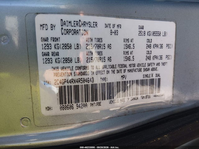 46233095 :رقم المزاد ، 2C4GP44RX4R504643 vin ، 2004 Chrysler Town & Country Lx مزاد بيع