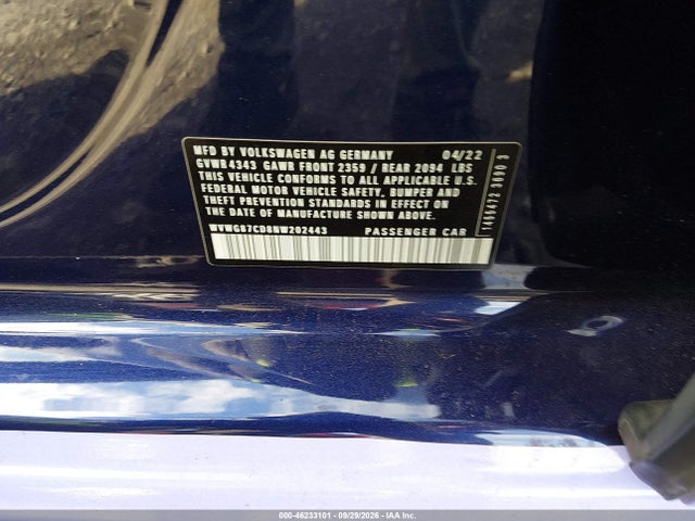 2022 Volkswagen Golf Gti 2.0t S მანქანა იყიდება აუქციონზე, vin: WVWG87CD8NW202443, აუქციონის ნომერი: 46233101