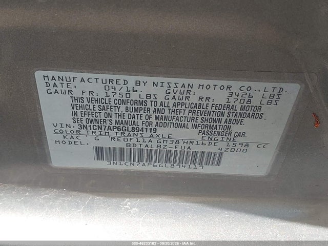 Продажа на аукционе авто 2016 Nissan Versa 1.6 Sv, vin: 3N1CN7AP6GL894119, номер лота: 46233102