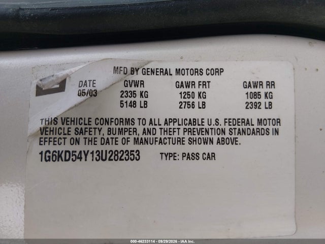 2003 Cadillac Deville Standard მანქანა იყიდება აუქციონზე, vin: 1G6KD54Y13U282353, აუქციონის ნომერი: 46233114