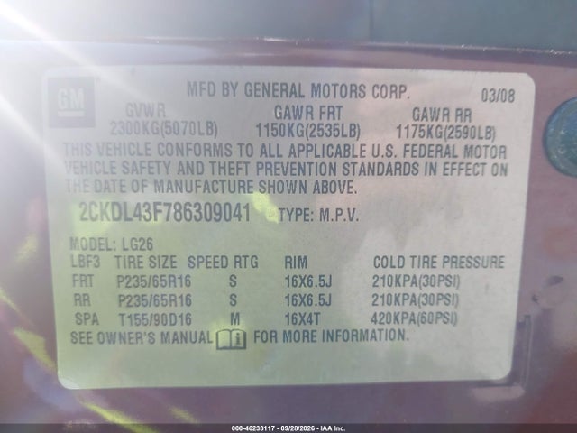 2008 Pontiac Torrent მანქანა იყიდება აუქციონზე, vin: 2CKDL43F786309041, აუქციონის ნომერი: 46233117