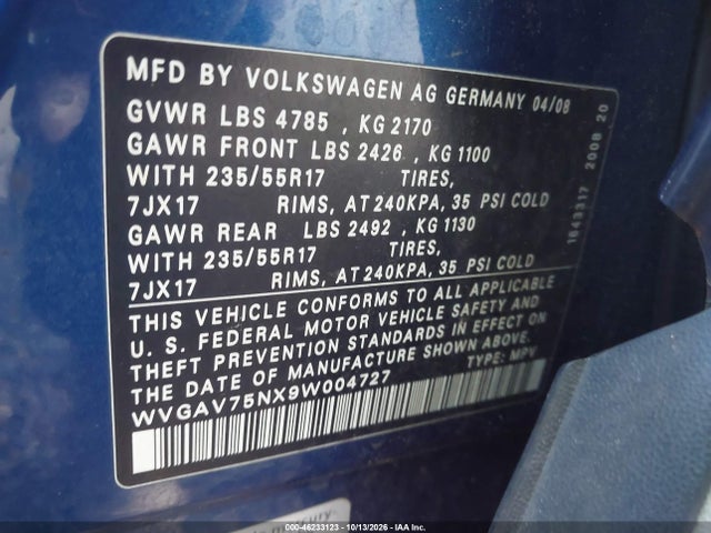 2009 Volkswagen Tiguan S/se/sel მანქანა იყიდება აუქციონზე, vin: WVGAV75NX9W004727, აუქციონის ნომერი: 46233123