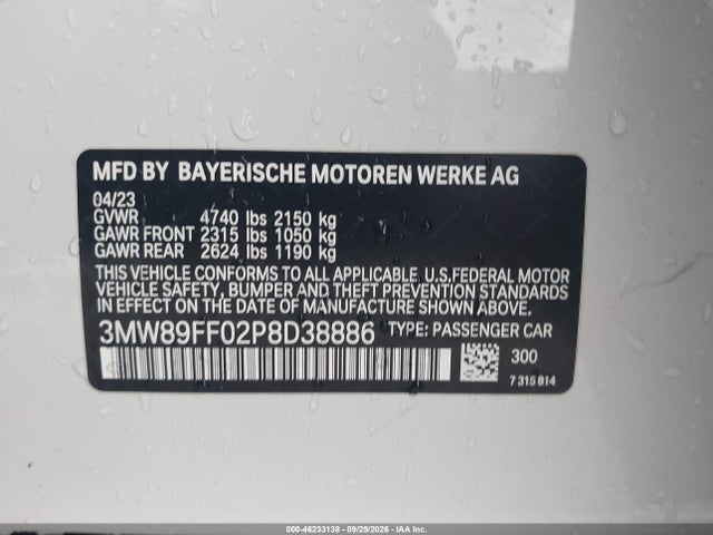 2023 Bmw 330i Xdrive მანქანა იყიდება აუქციონზე, vin: 3MW89FF02P8D38886, აუქციონის ნომერი: 46233138