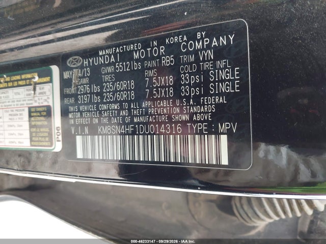 2013 Hyundai Santa Fe Gls მანქანა იყიდება აუქციონზე, vin: KM8SN4HF1DU014316, აუქციონის ნომერი: 46233147