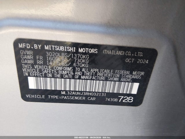 Aukcja sprzedaży 2024 Mitsubishi Mirage Es/le, vin: ML32AUHJ3RH032131, numer aukcji: 46233156