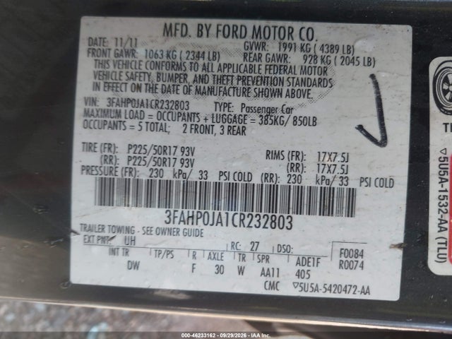 Aukcja sprzedaży 2012 Ford Fusion Sel, vin: 3FAHP0JA1CR232803, numer aukcji: 46233162