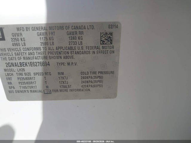 Aukcja sprzedaży 2014 Chevrolet Equinox 1lt, vin: 2GNALBEK1E6276694, numer aukcji: 46233168