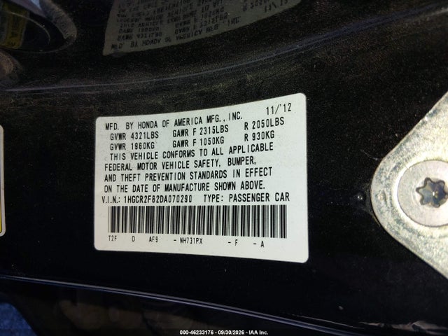 Aukcja sprzedaży 2013 Honda Accord Ex-l, vin: 1HGCR2F82DA070290, numer aukcji: 46233176