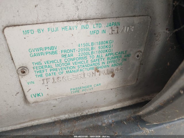 2004 Subaru Forester 2.5x მანქანა იყიდება აუქციონზე, vin: JF1SG63614H741455, აუქციონის ნომერი: 46233185