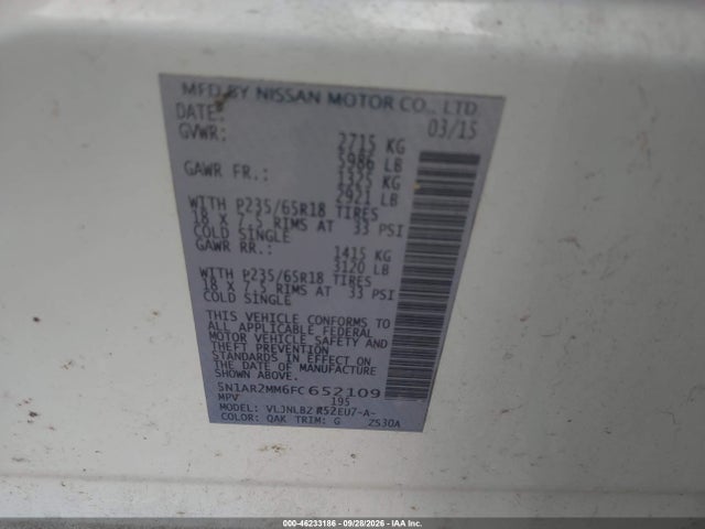 2015 Nissan Pathfinder S მანქანა იყიდება აუქციონზე, vin: 5N1AR2MM6FC652109, აუქციონის ნომერი: 46233186