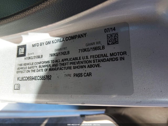 Продажа на аукционе авто 2014 Chevrolet Spark 1lt Auto, vin: KL8CD6S94EC585762, номер лота: 46233197